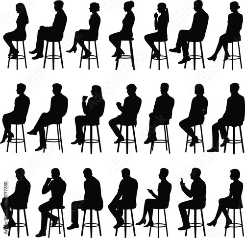 Silhouette people sitting on stools, male and female seated poses collection, black human figures isolated on white background
