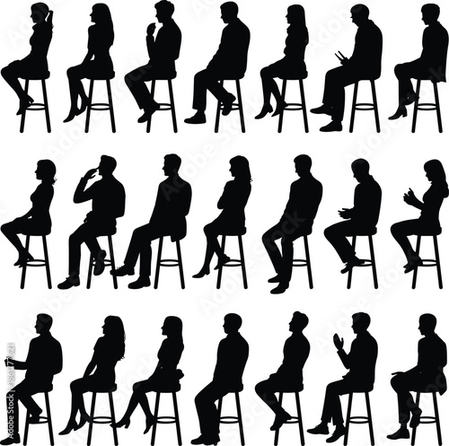 Sitting people silhouettes collection, men women seated poses on stools isolated black human figures interview meeting vector illustration set