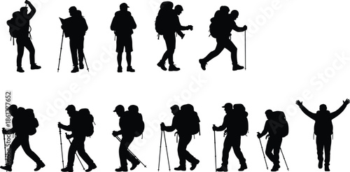 Hiking people silhouettes with backpacks and trekking poles, outdoor travelers walking and exploring nature, mountain adventure tourism, wilderness exploration illustration set