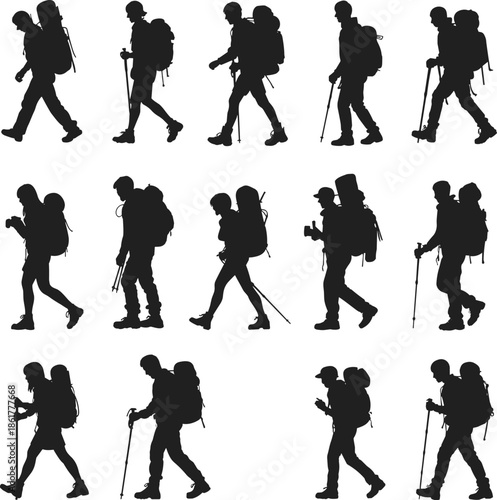 Silhouette hikers trekking with backpacks and poles, outdoor adventure people walking, camping travelers exploring mountains, hiking and trekking sport collection vector illustration