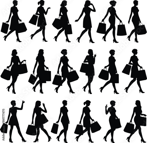 Fashionable women shopping silhouettes set, elegant female shoppers carrying bags, stylish poses isolated on white background for retail marketing design