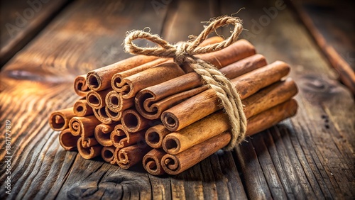 cinnamon sticks bundle on rustic wooden table