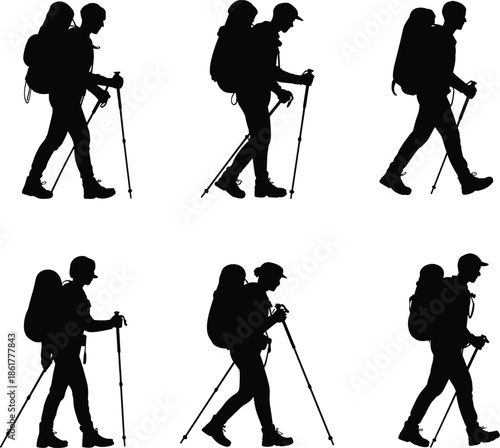 Silhouette hikers walking with backpacks and trekking poles, outdoor adventure travelers, camping expedition trekking people collection, mountain hiking exploration vector illustration