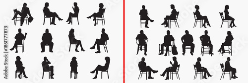 sitting people silhouette vector, seated human black silhouettes, people sitting poses illustration set, waiting people silhouette art, casual sitting posture vector, human pose icon collection, lifes