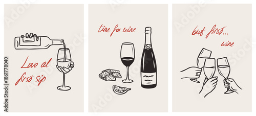 Doodle retro wine party posters set