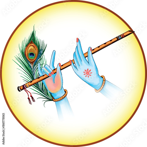 Lord Krishna Playing Flute with Peacock Feather – Circular Spiritual Illustration