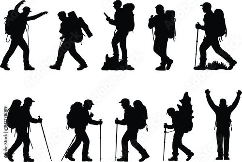 Hiking people silhouettes with backpacks and trekking poles, outdoor travelers walking and exploring wilderness, adventure travel illustration, nature expedition concept design