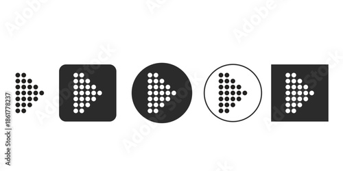 Dotted arrow icon set for UI design elements | Black and white pixelated right direction pointer vector | Digital navigation symbol collection for websites and apps | Modern minimal dotted arrow graph