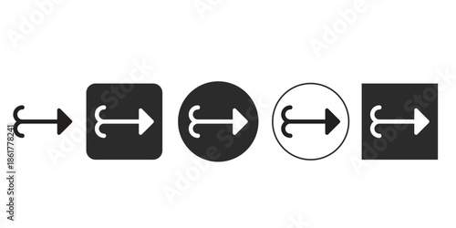 Stylized right arrow icon set for UI design | Next step navigation symbol with decorative curved tail | Modern call to action arrow vector graphic bundle | Black and white web interface element 