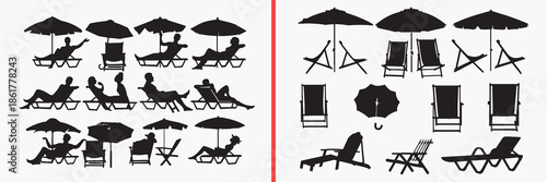 beach umbrella silhouette vector, sun umbrella black silhouettes, beach chair illustration set, summer vacation silhouette art, seaside furniture vector design, outdoor beach equipment silhouettes, ho