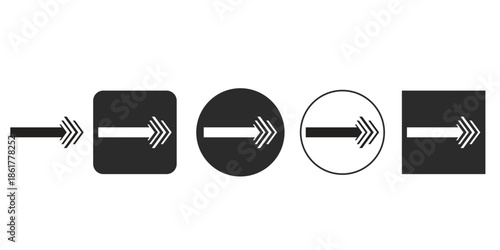 Modern forward arrow icon set for website navigation | Stylized right direction indicator symbol vector graphics | Set of 5 unique black and white movement arrows for UI design | Next button sign 