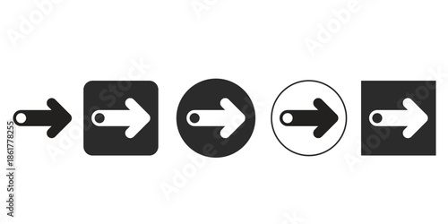 Right directional arrow icons for web design | Next button vector illustration for UI/UX interface | Set of forward navigation pointers in black and white | Modern push and swipe graphic symbols