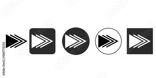 Fast forward icon set black and white vector graphic design | Next track multimedia control button UI/UX elements | Modern minimal media player interface symbol collection | Multiple styles next step 
