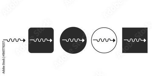 Wavy line arrow icon set symbolizing frequency and signal transmission | Data flow arrow with oscillating waveform glyph vector illustration | Sinusoidal path indicator symbol for electrical current 