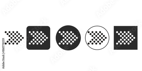 Dotted right arrow vector icon set for UI design | Pixelated navigation indicator glyph pack | Modern digital technology direction symbol graphics | Abstract matrix forward icon collection in black