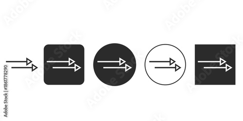 Double arrows pointing right icon set for UI design | Fast forward button vector graphics in multiple styles | Next step navigation symbol for digital interfaces |Input data flow movement concept sign