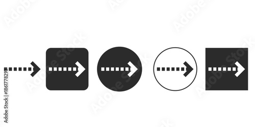 Dotted line arrow pointing right icon set | Next step button vector design elements | Navigation indicator UI symbol collection | Forward direction dashed line pictogram