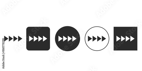 Fast forward media playback icon vector set for UI design | Next track button symbol in black glyph style | Multiple style collection of quadruple right arrows | Quick speed multimedia control graphic