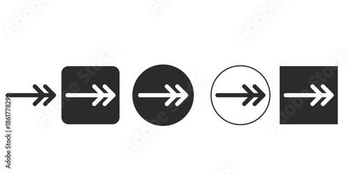 Black and white vector icon set for next button | Right pointing forward arrow symbol UI element | Collection of arrow icons for navigation and proceed functions | Flat design double chevron next icon