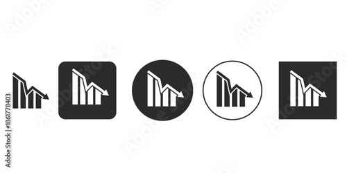 Financial market downturn graphic symbol | Stock market crash indicator chart icon set | Vector icon collection showing business loss and failure | Declining bar graph with downward arrow 