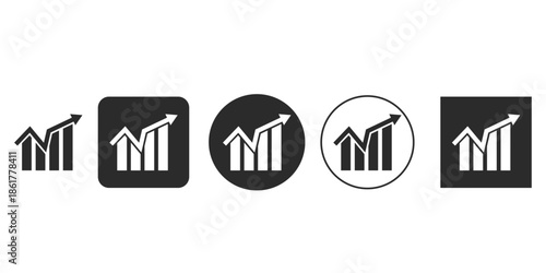 Business performance bar chart with rising arrow icon set | Financial market growth trend vector graphic illustration | Data analysis report success symbol UI element pack 
