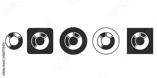 Monochrome donut chart icon set for data visualization | Black and white segmented circular graph vector illustration | Flat design infographic pie chart glyph icons 