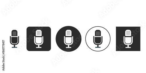Collection of vector icons for podcast recording and live streaming | Black and white vintage condenser microphone icon set in multiple styles | Modern glyph design for audio recording and broadcast 
