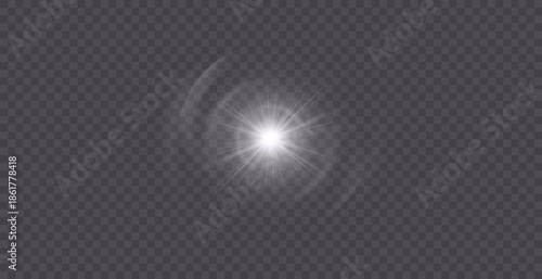 Light effect. Abstract purple star flash of light and laser beams with glitter. Isolated on transparent background. Art and web design vector