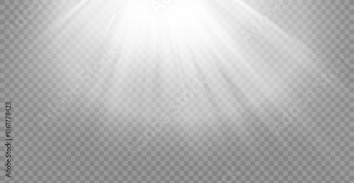 White glowing light explodes on a transparent background. Vector illustration of light decoration effect with ray.