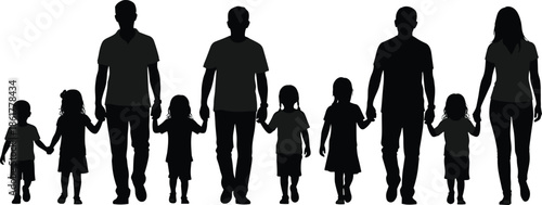 Family silhouettes holding hands walking together vector illustration symbolizing love unity parenting childhood care togetherness relationship concept minimal design