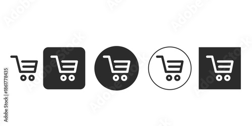 Vector set of shopping cart icons for e-commerce websites| Black and white digital retail basket symbols for checkout buttons| UI/UX vector icons for web design and mobile apps Minimalist glyph style 