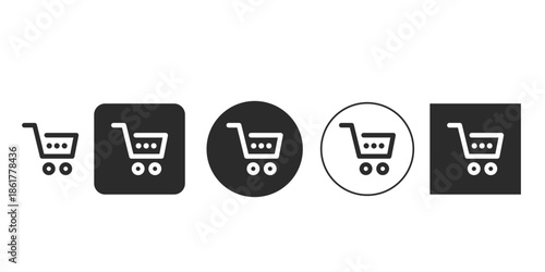Black and white shopping cart vector icons for e-commerce design | Minimalist UI shopping trolley symbol glyph set | Downloadable graphic element for online store checkout process button