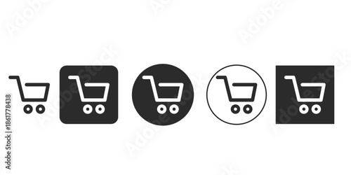 Monochrome e-commerce shopping cart icon set for website design | Black and white vector pictogram collection for online store UI | Simple flat design trolley symbol variations for mobile application