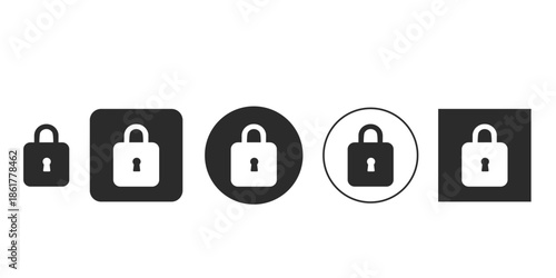Secure lock symbol vector graphic for website UI | Padlock protected system sign web and app design | Digital security icon set multiple styles black and white | Closed padlock glyph for encryption 