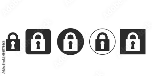 Digital security padlock icon set for app UI design | Monochrome closed padlock keyhole glyphs for privacy | Five variations of locked security signs in different frames