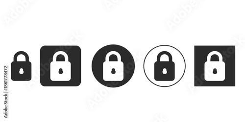 Closed padlock icon set for digital privacy and protection | Black and white vector lock icons for website security UI/UX design | Simple monochrome authentication symbol collection 