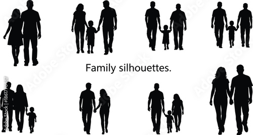 Family silhouettes walking together vector illustration set showing parents children relationships love unity care lifestyle concept isolated on white