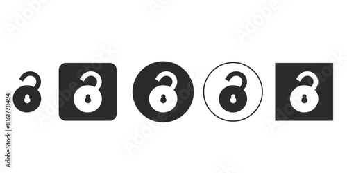 Vector icon set of unlocked padlock symbols for website security | Open access security icon design elements in different shapes | Flat design UI button for log out or privacy settings 