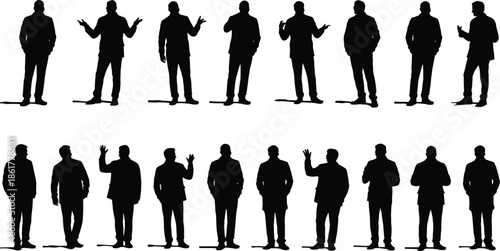Business men silhouettes standing, talking, presenting, corporate people isolated on white background, professional teamwork, communication concept, modern business illustration