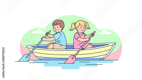Happy children rowing a boat together in a minimalist flat design illustration