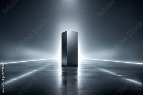 Extra-tall glossy black column podium with small top plate on dark gradient background