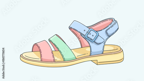 Cartoon summer sandal with pink, green and blue straps