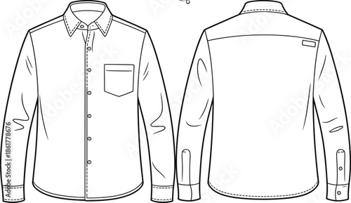 Front and back view long sleeve work shirt technical vector illustration for apparel fashion design template uniform mockup isolated detailed
