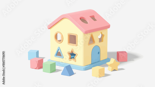 Colorful shape sorter house toy with blocks on a white background.