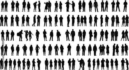 Large collection of people silhouettes vector illustration set showing men women groups poses walking standing social crowd diversity concept