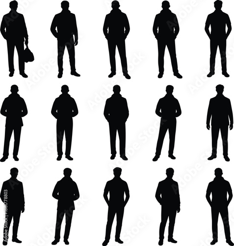 Male standing silhouette set, men in casual and business poses, full body human figures, minimal people illustration isolated 