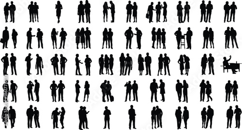 Large collection of people silhouettes vector illustration showing couples groups social interaction standing walking poses modern crowd concept set
