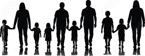 Large family silhouettes holding hands walking together vector illustration representing love unity parenting care togetherness relationship community concept minimal style