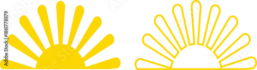 Sun icon set in flat and line style, solar symbol silhouette and outline collection featuring sunshine, sunrise and weather elements, bright minimal vector illustration group