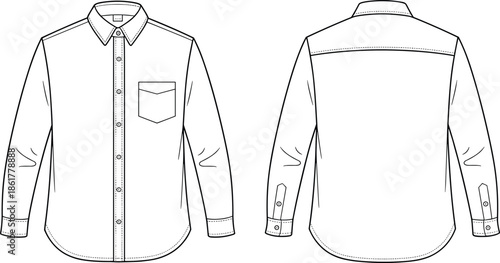 Men's long sleeve button down shirt technical line illustration front and back view apparel fashion flat vector template for manufacturing